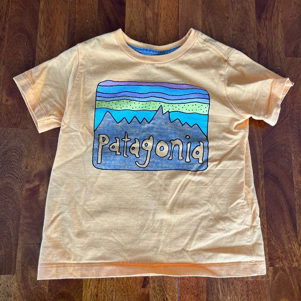 Patagonia 2T regenerative organic cotton T-shirt in a yellow/orange color.